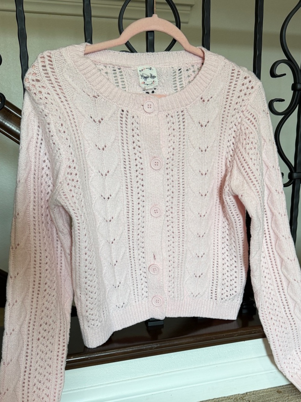 Hippie Rose Pale Pink Openwork Button Cardigan